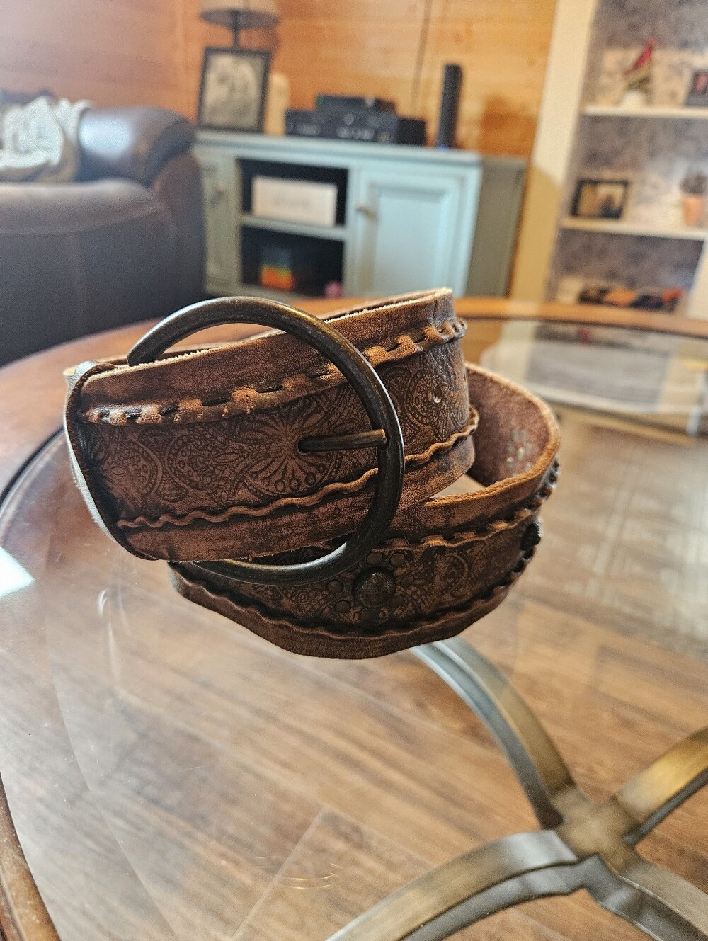 Fossil Women’s Brown Wide Floral Western Fashion Belt Buckle Studded. #H